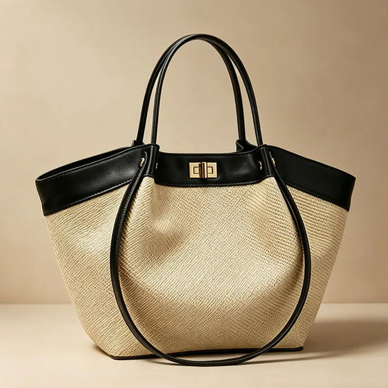 Women Woven Tote Bag Large Capacity PU Leather Top Handle Handbag Splicing Design Casual Commuter Shoulder Bag Daily Shopper Bag