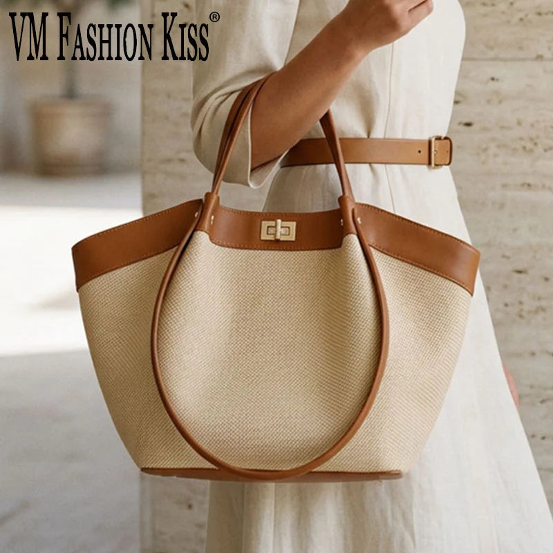 Women Woven Tote Bag Large Capacity PU Leather Top Handle Handbag Splicing Design Casual Commuter Shoulder Bag Daily Shopper Bag