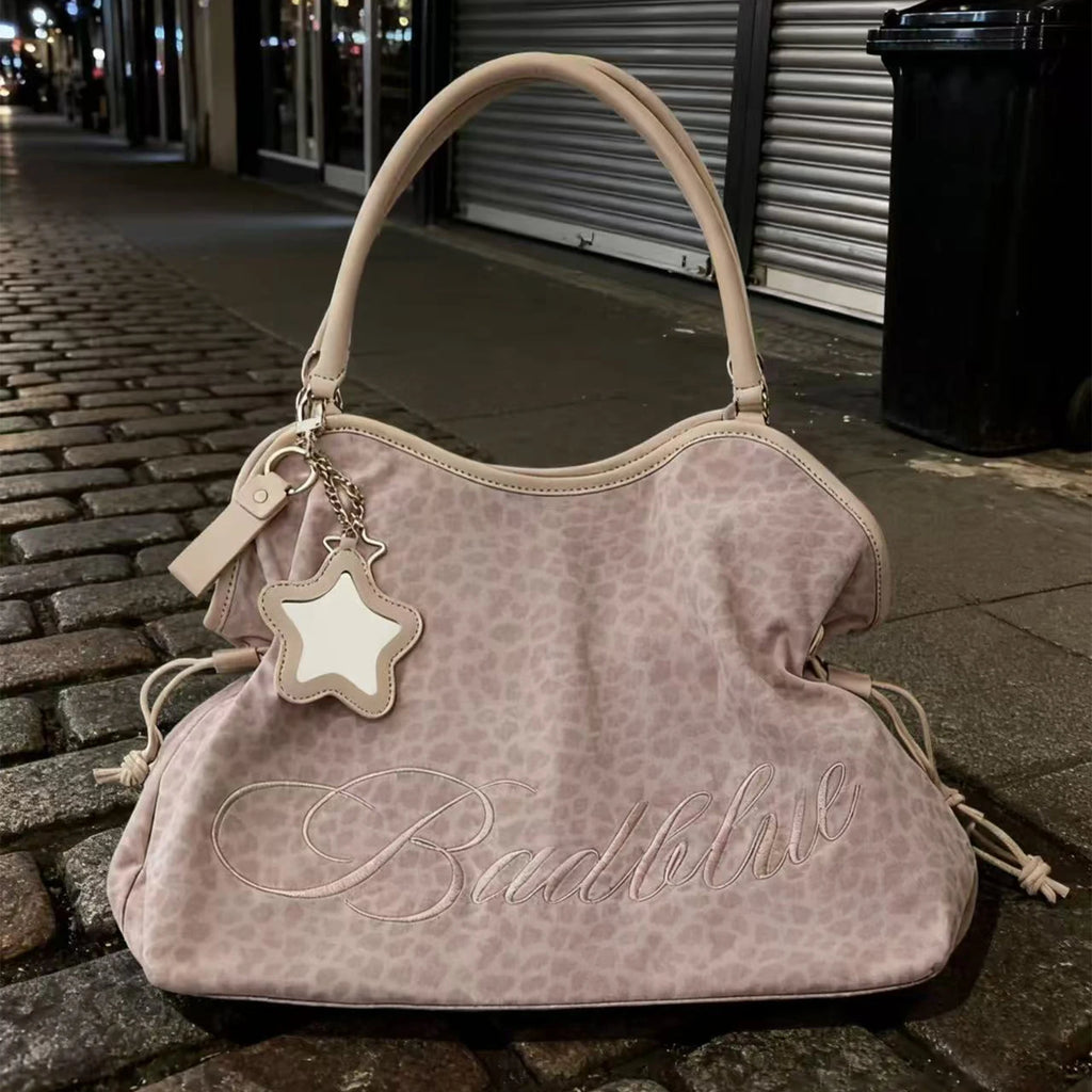 Korean BadBlue Embroidered Leopard Print Tote Bag Large Capacity Shoulder Bag with Star Mirror Pendant Y2K Trendy Women Handbag