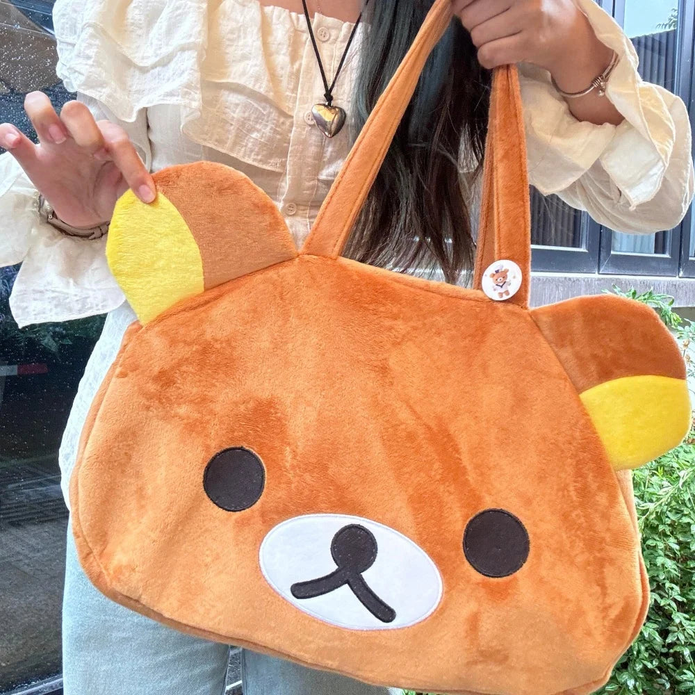 Kawaii Rilakkuma Plush Tote Bag Cute Brown White Bear Cartoon Handbag Soft Casual Shoulder Bag For Women Girl Large Capacity