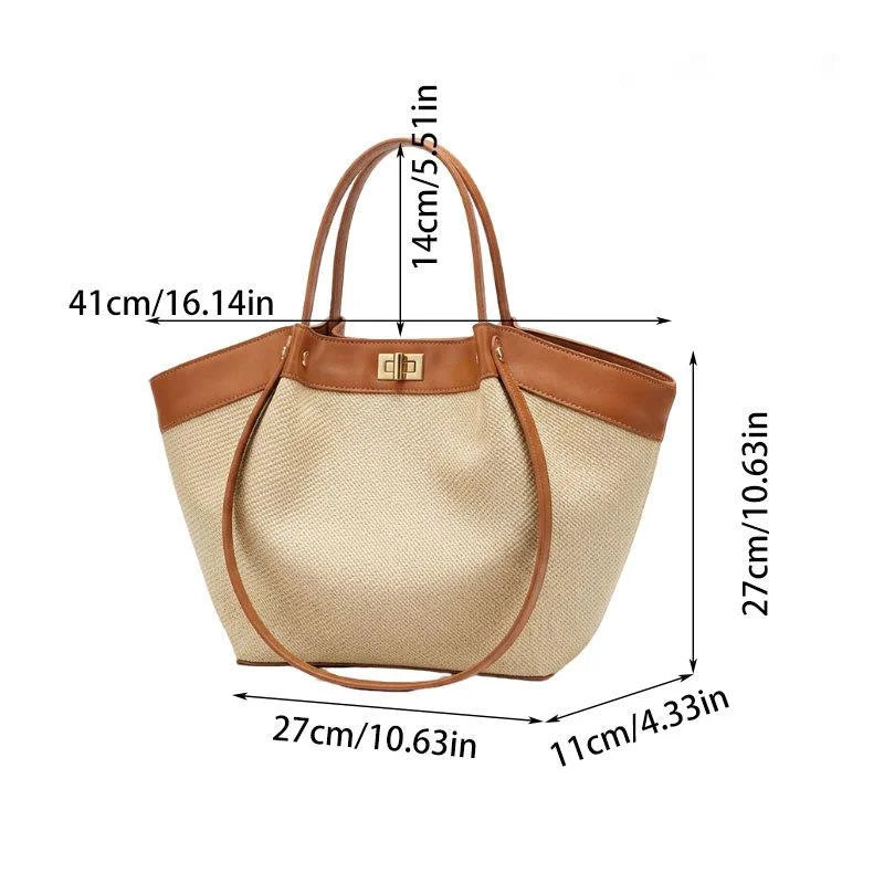 Women Woven Tote Bag Large Capacity PU Leather Top Handle Handbag Splicing Design Casual Commuter Shoulder Bag Daily Shopper Bag